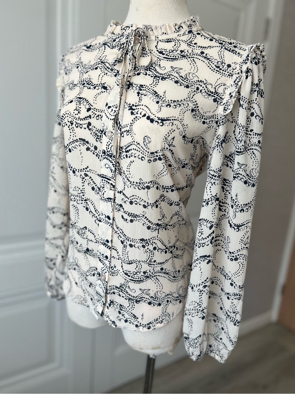 Adrianna Papell Cream Blouse with Navy Dot Wave Print